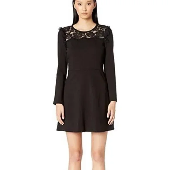 Kate Spade Women's Size M Dress Black Lace Yoke Ponte Long Sleeve A-Line  Midi
